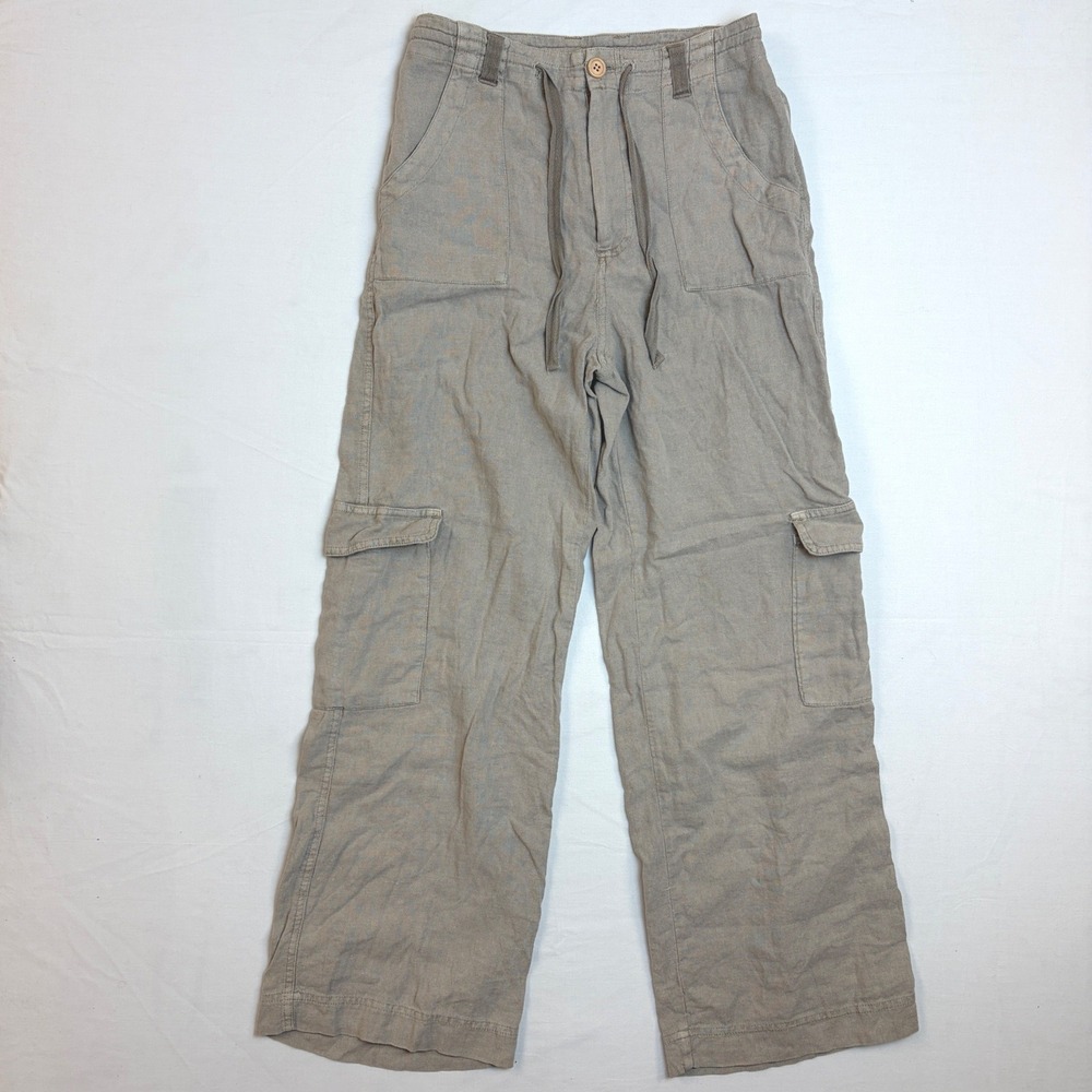 Sincerely Jules Womens Taupe Linen Blend Wide Leg‎ Cargo Pants Drawstring Small